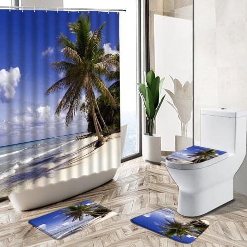 Ocean Beach Green Plants Scenery Shower Curtain Palm Tree Nature Photography Home Decor Non-Slip Rug Toilet Cover Bath Mat Set