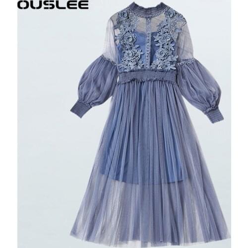OUSLEE Spring New Lace Patchwork Women Female O-neck Mesh Fairy Dresses Female Lantern Sleeve Elegant Gauze Princess Party Dress