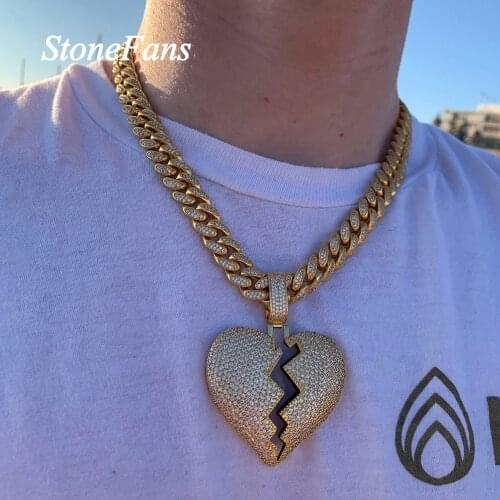 Stonefans Men Hip Hop Necklace Cuban Chain Pendant Necklace Jewelry Statement Rhinestone Broken Heart Necklace Hiphop for Women
