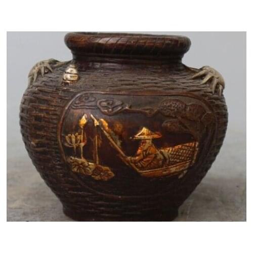 RHS0055 4" Chinese Dynasty Palace Bronze Gilt Two crab Crabapple Statue Pot Jar Crock