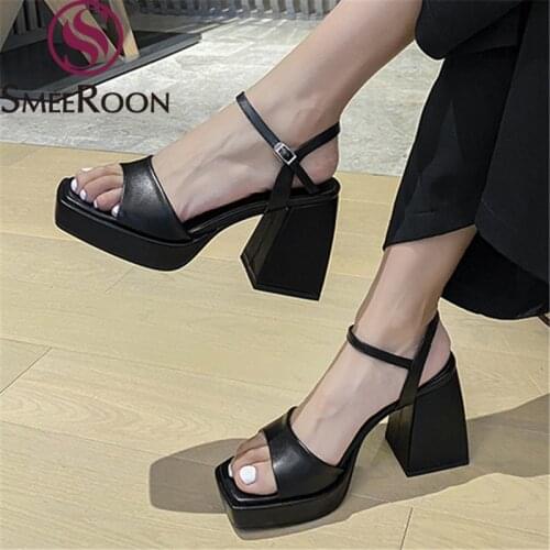 Smeeroon 2021 Genuine Leather High Heels Shoes Fashion Platform Women Sandals Summer Black White Color Party Shoes