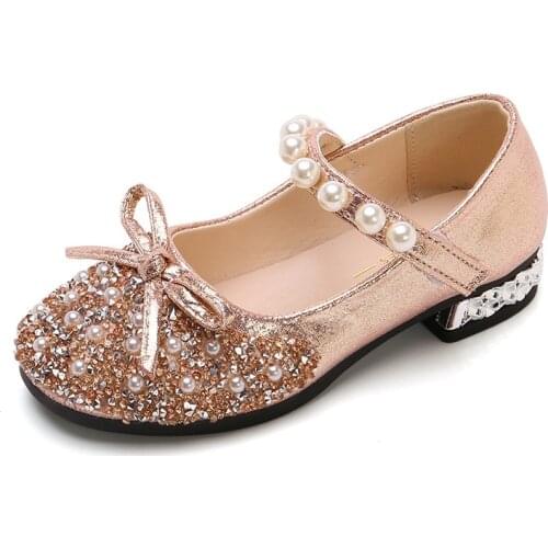 Silver Girls Princess Crystal Leather Shoes Rhinestone Pearls Wedding Party Heels Square Dress Shoes Flats