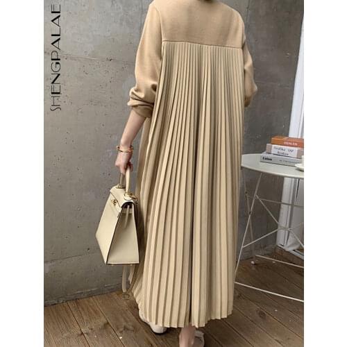 SHENGPALAE Patchwork Dsegin Dress Womens Spring 2021 New Round Neck Back Pleated Loose Long Sleeve Plus Velvet Dresses Robe