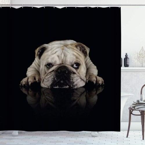 Shower Curtain A Little White Bulldog on The Black Background Cute and Funny Polyester Fabric Waterproof Bath Curtains Hooks