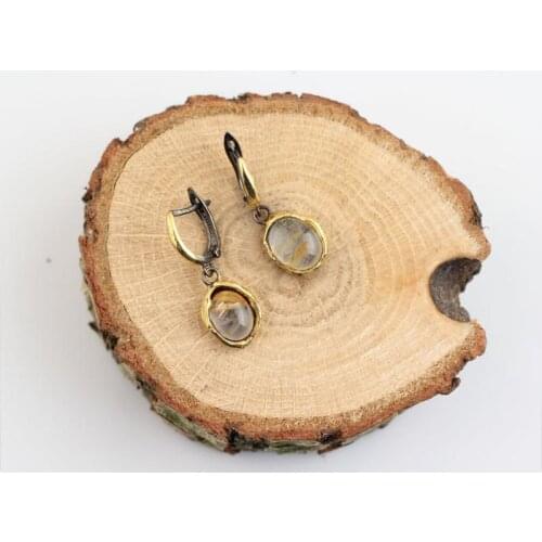 Women Oval Quartz Earring, Oval Handmade Silver Gold Plated Yellow Quartz Special Design Gift Earrings