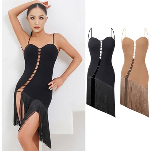 Latin Dance Dresses For Women Suspender Black Fringe Dress Backless Sexy Competition Dress Salsa Ballroom Dance Costume DNV14842
