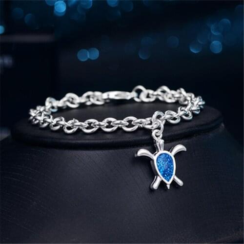Blue Bright Tablets Tortoise Shape Charm Bangle Silver Bracelet for Women Classic Couple Jewelry