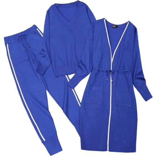 Amolapha Woman Knit Sweaters+Cardigans+Pants Sets Long Sleeve Fashion Woman Jumpers Overcoats Trousers 3PCS Suits