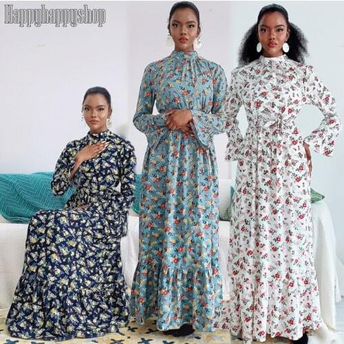 EID Dubai Abaya Women Long Dress Floral Printed Islamic Muslim Clothing African Dresses For Ladies Maxi Robe Kaftan Jilbab Gown