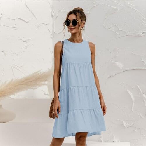 2021 Sleeveless Casual Loose Solid Color Dress Women Summer O-neck A-line Holiday Sundress Vestidos Sexy Off Shoulder Tank Lady