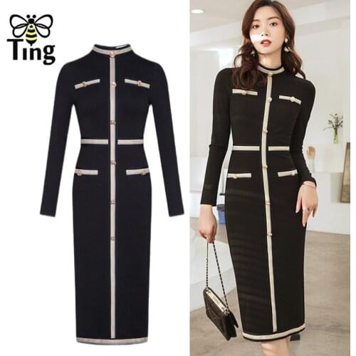 Tingfly Vintage Elegant Black Bodycon Sexy Dark Knee Length Women Dress Button Decor Spring Autumn Casual Chic Sheath Robes Traf