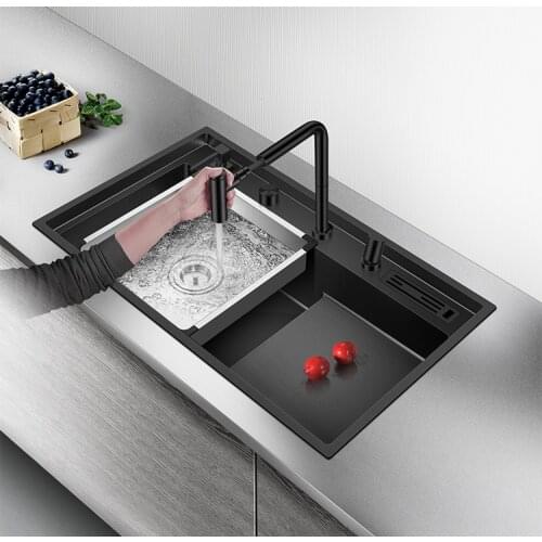 ASRAS-8048J Nano-plating Black Kitchen Sink 304 Stainless Steel Stepped Sink with Multi-functional Faucet Luxury Handmade Sink