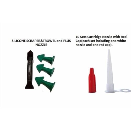 Free Shipping Popular Silicone Sealant Trowel and Scraper Plus Nozzle and 10pcs White Cartridge Nozzles with Red Caps