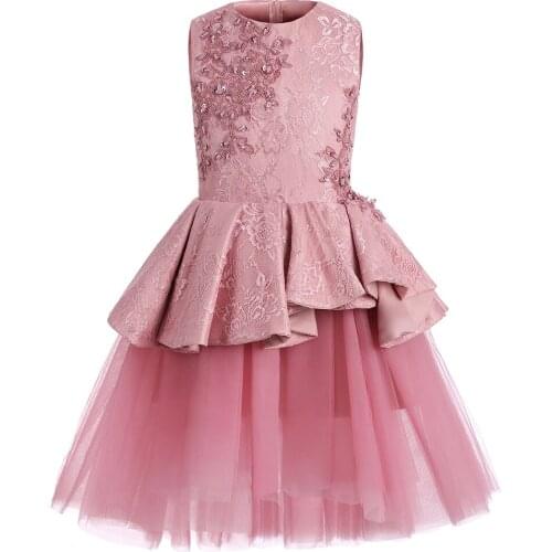 Flower Girls Dresses For Weddings Pink Lace Ruffles O-neck Ball Gown Sleeveless Knee Length First Communion Pageant Gowns