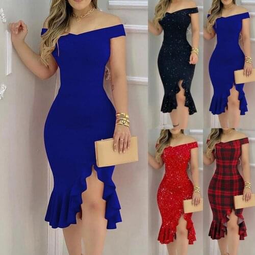 Elegant Dresses For Women Party Fashion Solid Sexy Sequin Dress Women Sexy Off Shoulder Split Ruffle Solid Color Bodycon Dress