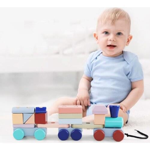 Baby Montessori Toys Trailer Wooden Train Vehicle Blocks Geometry Colour Congnitive Education Christmas Gifts Toys For Children