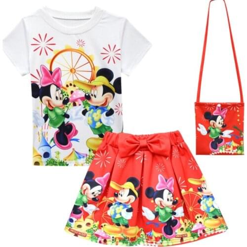 Disney Mickey Mouse Girls Clothing Sets Summer Short Sleeve T-shirt+Print Skirt Suit for Kids Clothing Sets Baby Clothes