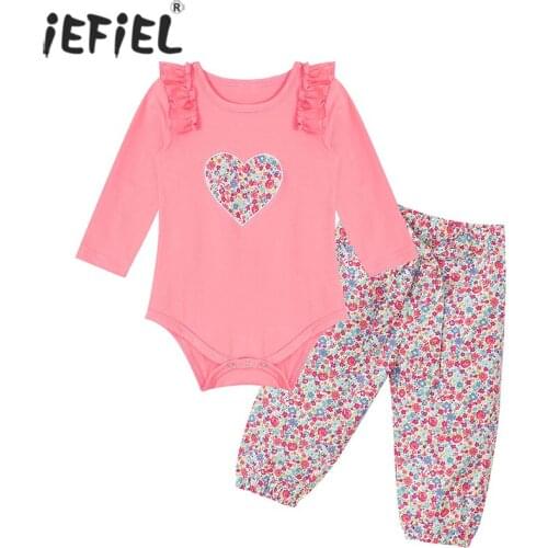 Newborn Baby Girl Clothes Suit Autumn 2Pcs Set Cotton Peach Heart Flying Sleeve Romper Flower Print Pants Headband Cute Outfits