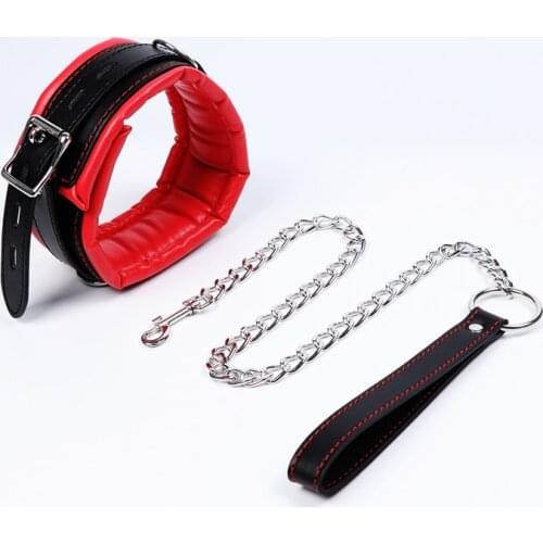 Red Black Bdsm Collar Leather And Iron Chain Link Sponge Filling Bdsm Slave Collars Women Bondage Restraints Adult Toys