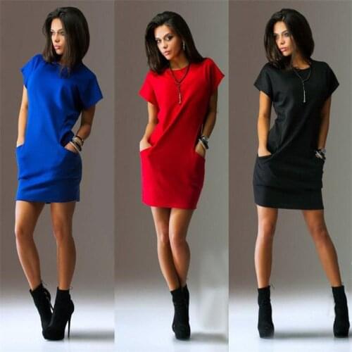 Summer Womens Dress Ladies Fishtail Pocket Solid Cotton O-Neck Dress Womens Casual Daily Short Skirt