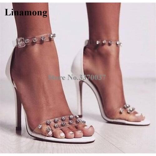 Hot Selling Women Fashion PVC Straps High Heel Rivet Sandals Ankle Strap White Dress Sandals Wedding Shoes