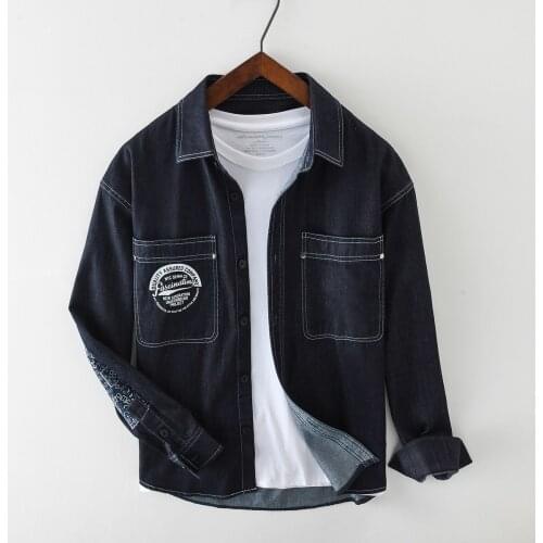 Cotton Contrast Color Patchwork Mens Denim Shirts Long Sleeve Fashion Streetwear Autumn Casual Shirt Male Tops