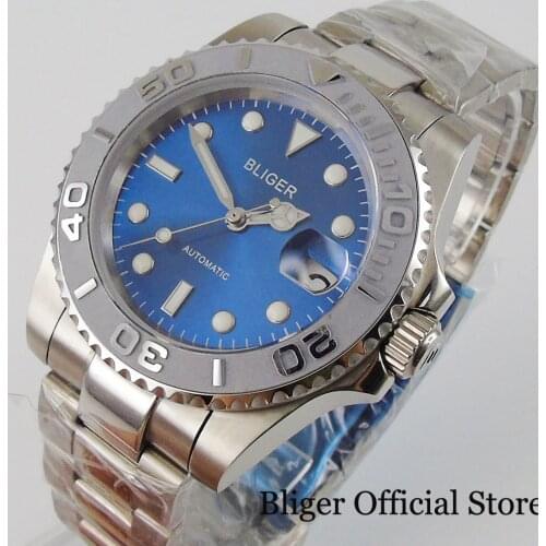 BLIGER Blue High Quality 40mm Men Wristwatch NH35 MIYOTA 8215 Movement Brushed Bezel Insert Stainless Steel Bracelet