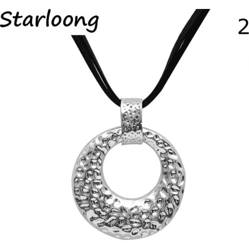 New Latest Vintage Jewelry Alloy Round and Irregular Circle Pendant Rhinestone Genuine Leather Chain Necklace Women Men