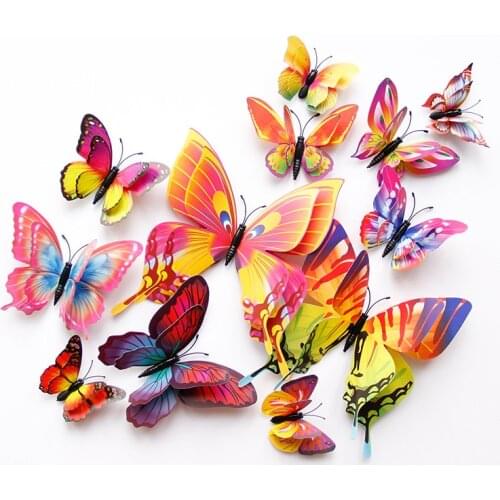 New style 12Pcs Double layer 3D Butterfly Wall Sticker on the wall Home Decor Butterflies for decoration Magnet Fridge stickers
