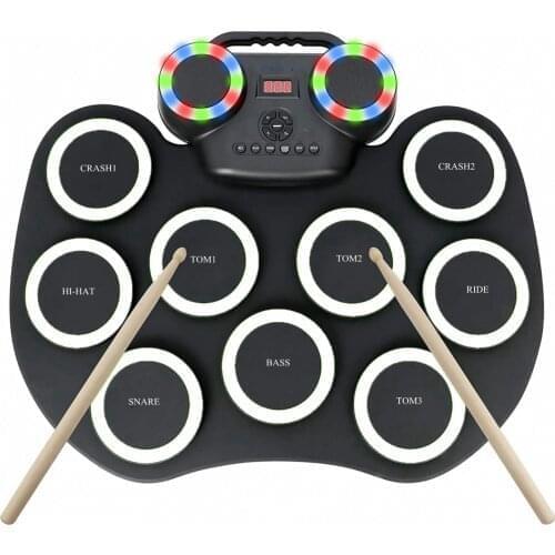 Bluetooth-compatible Portable Flash Light Roll Up Electronic Drum Set 9 Silicon Pads Built-in Speakers and Lithium Battery