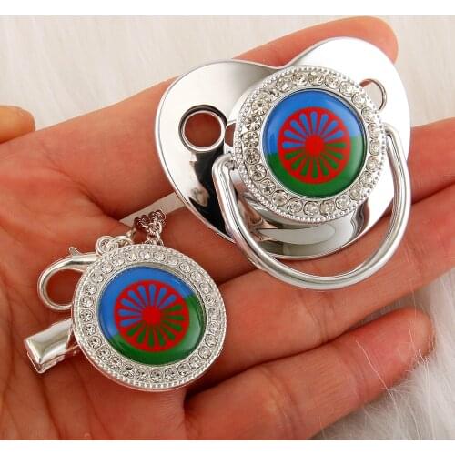 Silver Baby Pacifier With Chain Clip Romani Roma Flag Theme Newborn Baby Dummy Soother Nipple 0-18 Months