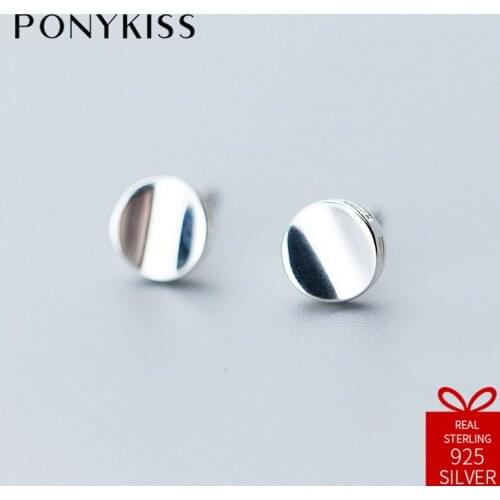 PONYKISS Office Solid S925 Sterling Silver Geometric Round Stud Earrings Simple Women Party Anniversary Jewelry Accessories Gift