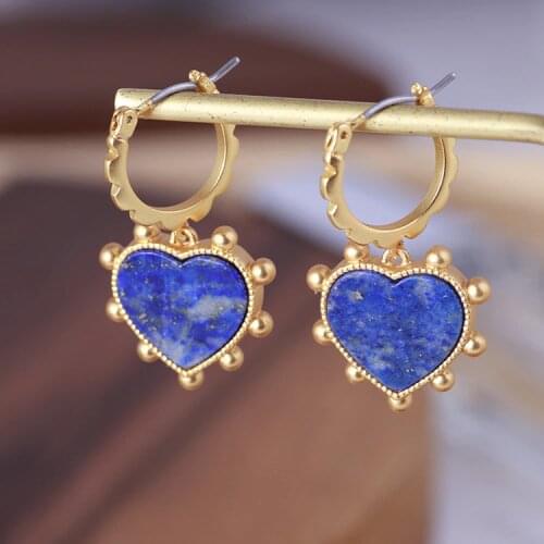 Fashion style love heart natural stone temperament atmosphere vintage gold-plated gold-plated inlaid shell earrings
