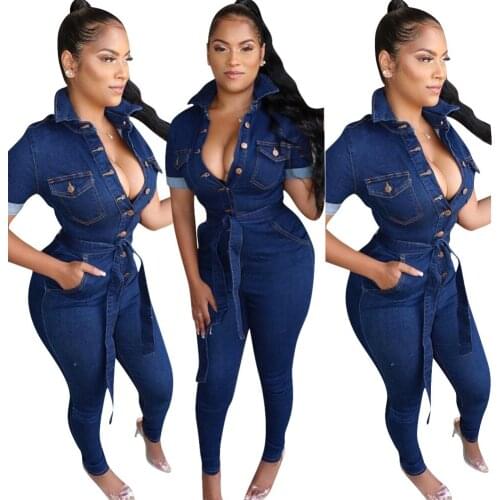 Blue Denim Jumpsuit Short-Sleeved Corset Summer Womens African Clothing Pocket Pencil Pants Sexy Slim Casual Denim Trousers