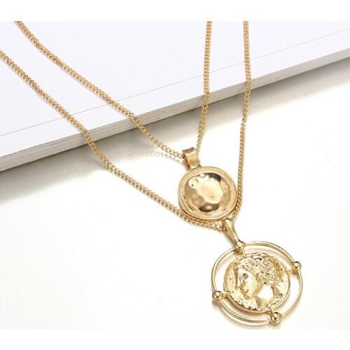 Portrait Pattern Pendant Necklace Vintage Golden Double Layer Chains Geometric Hollow Out Round Disc Pendant Necklaces Jewelry