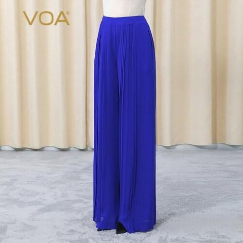 VOA Silk Trousers Streetwear Spring 2021 KE366 Georgette Pleated Blue Pocket Loose Fresh Breathable Wide-leg Pants for Women
