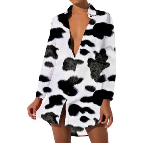 UJWI Fluffy Cow Black White Ladies Long Shirt Casual Fashion Classic Girl Shirt Summer Autumn Comfortable High Quality Top Lady