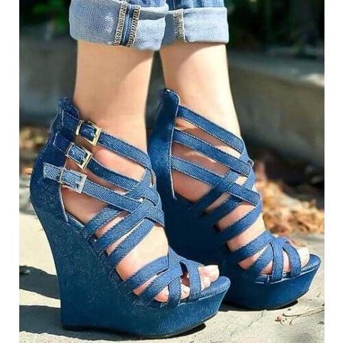 Linamong Summer New Woman Blue Jeans Black Cuts Out Wedge Sandals Girls Buckles Platform High Heel Sandals Shoes Lady
