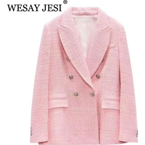WESAY JESI Women Blazer TRAF ZA Double Breasted Tweed Check Blazer Coat Vintage Long Sleeve Pockets Female Outerwear Chic Coat