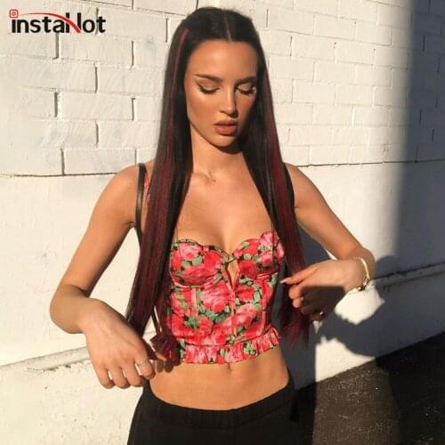 InstaHot Floral Sexy Camisole Women Summer Crop Top Casual Beach Ruffle Hem Streetwear Slim Camis 2021 Fashion Top Backless Vest