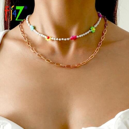 F.J4Z Hot Bohemian Necklaces for Women 2021 Trend Beaded Flower Chain+Cuban Chain Collar Necklace Lady Gifts украшения на шею