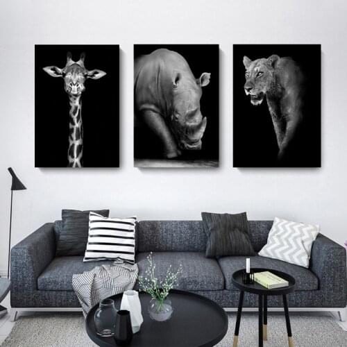 Animal Canvas Painting Lion Deer Elephant Zebra Bear Swan Wall Art Posters Black Modern Home Decoration Aisle Living Room Decor