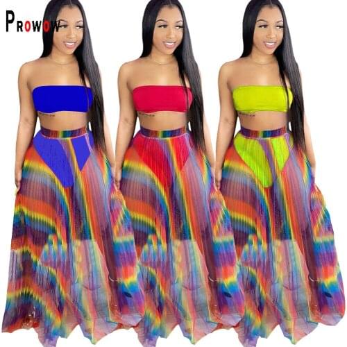 Prowow Women Clothing Set Breast Wrap Tops Rainbow Striped Skirt Panty Three Piece Mataching Suits New Summer Female Beach Wear