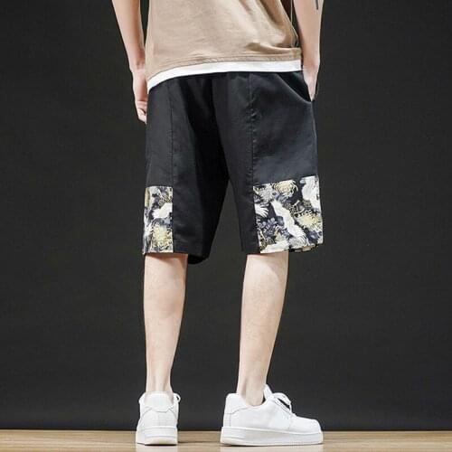 Summer Wind Printing Casual Pants Men Japanese Linen Loose-Fit Drawstring Shorts Cotton Loose Work Casual Short Pants