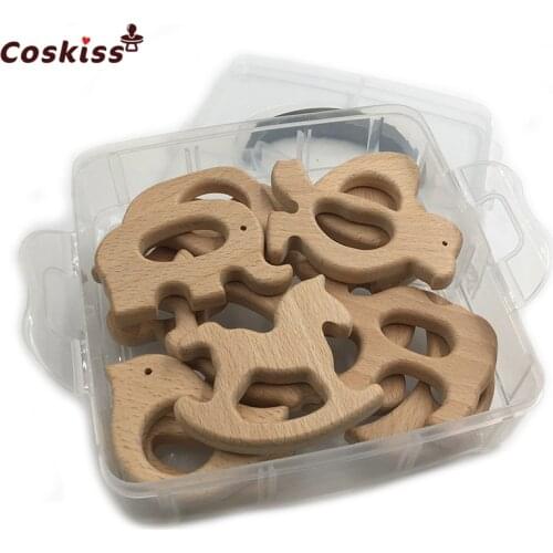 DIY Nursing Jewelry Package 14pcs Organic Natural Beech Wooden Toy Hand Cut Animal Baby Wooden Teether Baby Teether Toys Set