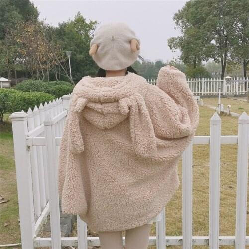 New Women Winter Cartoon Coats Japanese Flannel Kawaii Sweet Bunny Long Ears Hooded 2019 Hoodies Soft Sister Girls Cute Overcoat
