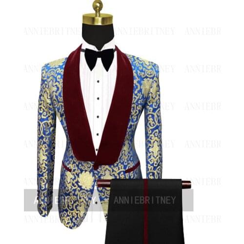 2021New Arrival Designs Burguny Flower Printed Wedding Men Tailor-made Suit Slim Fit Jackets 2 Piece Velvet Blazer Masculino
