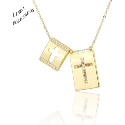 New Fashion Cubic Zirconia Square Gold Cross Top Quality Crystal Pendant Long Chain Necklace Copper Christian Jewelry Party Gift