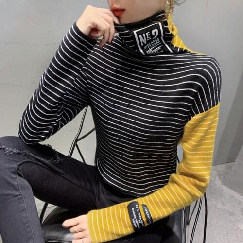 New Slim Striped Letter Print Sweater Turtleneck Women Winter Warm Knitted Sweater Long Sleeve Knit Mujer Elegant Sweaters Lady