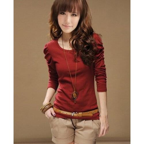 DISCOUNT Free shipping Hubble-Bubble Sleeve Long-Sleeved T Shirt Puff Sleeve O-neck Solid 100%cotton blouses Tops 12colors